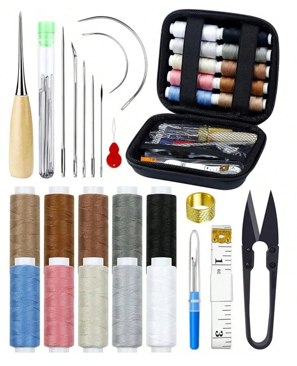 47-Piece Heavy Duty Sewing Tool Kit – Needles, Thread, Awl, Seam Ripper & Portable Storage Bag for DIY Projects